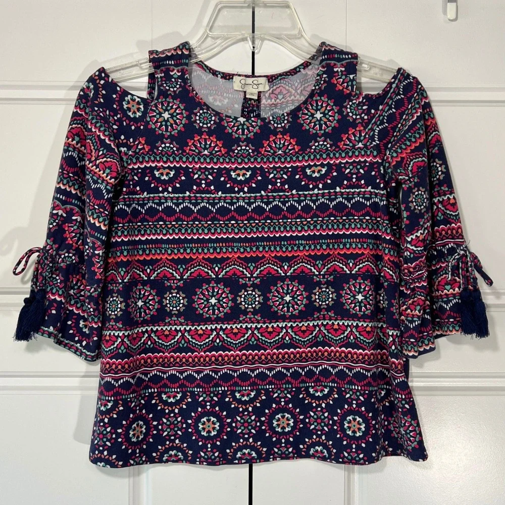 Jessica Simpson Girls Soft Cold Shoulder Flowy Top Blue Pink Patterned Size M